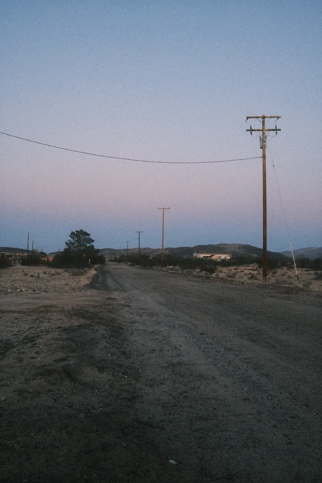 Film photograph of an empty dirt road at dusk in the high desert, power lines running toward distant hills under a pink-blue sky